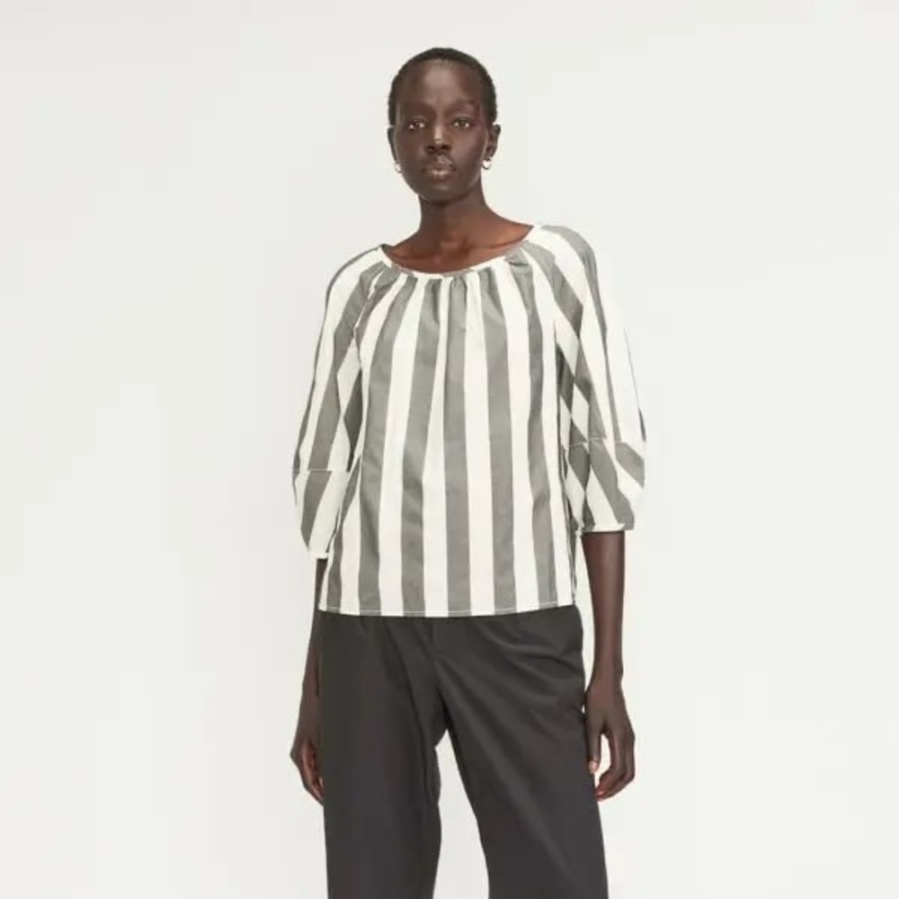 Everlane Poplin Scoop-Neck Striped 100% Cotton Shirt Gray White Size Small